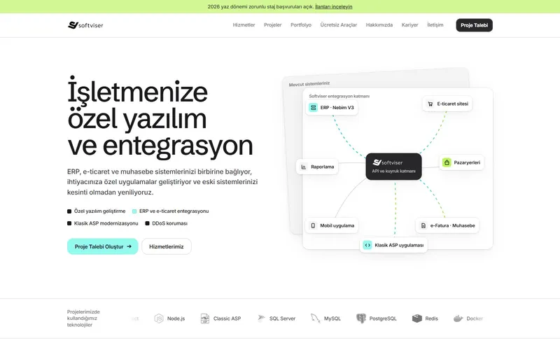 Softviser kurumsal sitesinin ana sayfası